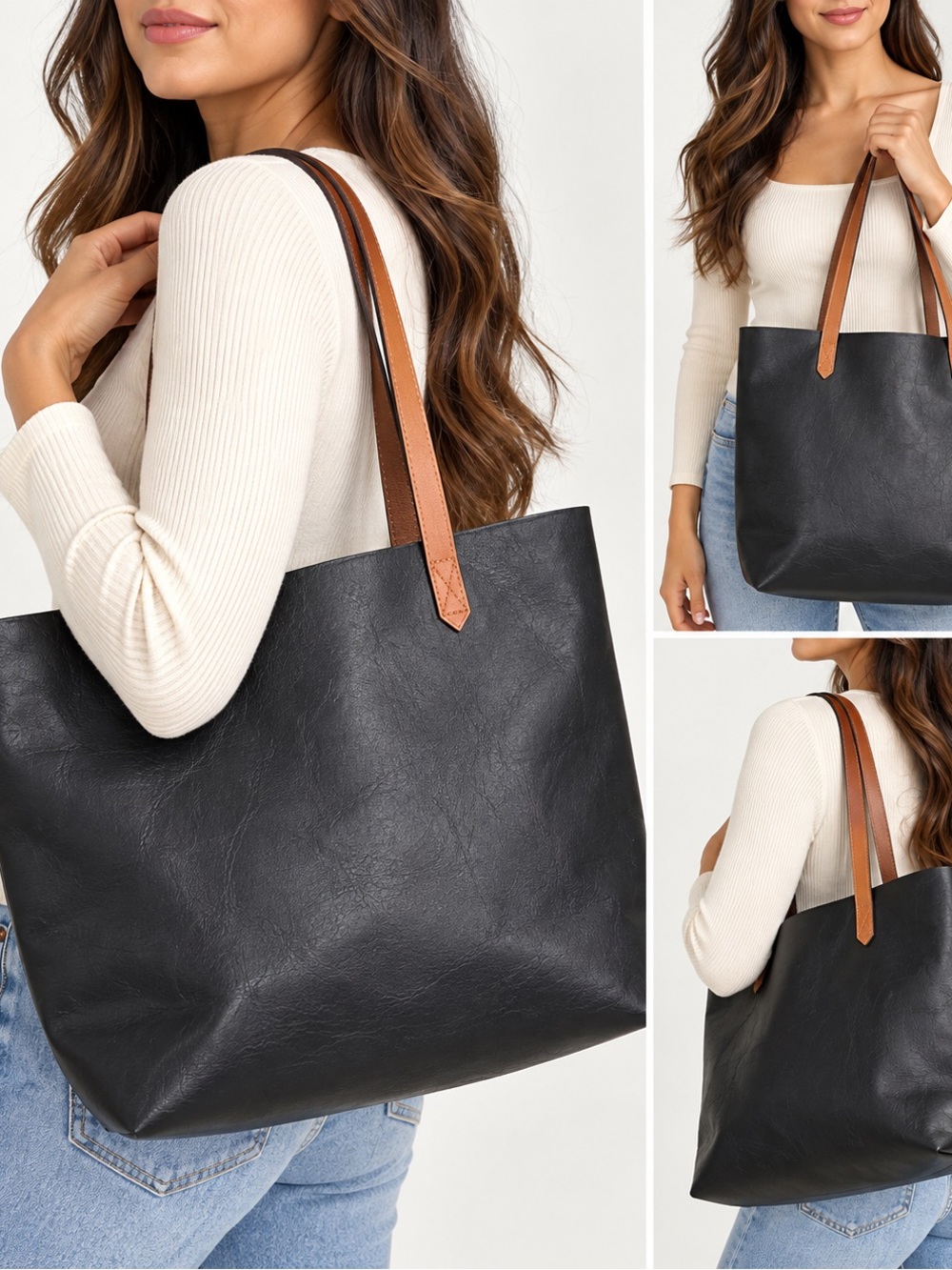 Madewell Black Large Tote with Brown Shoulder Straps